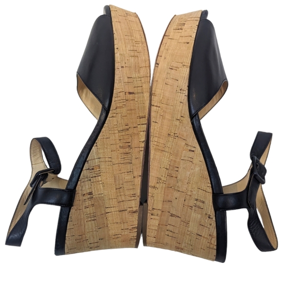 Cole Haan Gillian Mid Wedge Leather Sandals 10 Black Cork Platform Ankle Strap - Picture 14 of 14